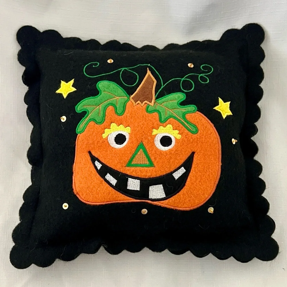 Jack~O~Lantern Felt Embroidered Pillow